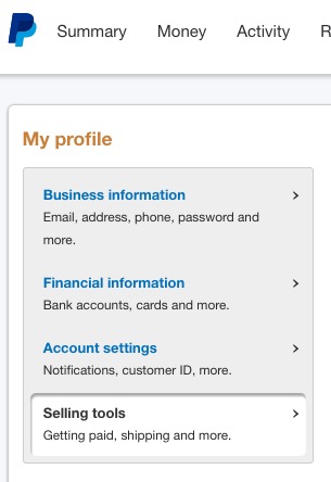 Selling tool option on paypal my profile page