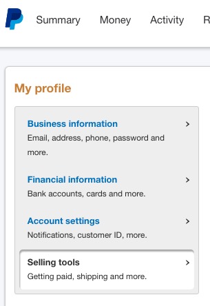 Selling tool option on paypal my profile page