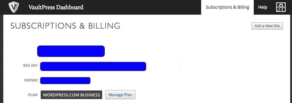 VaultPress dashboard showing WordPress.com business includes vaultpress