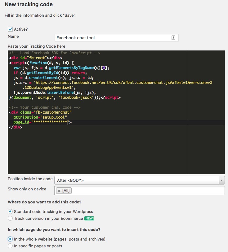 Settings for facebook chat in wordpress manage tracking tool