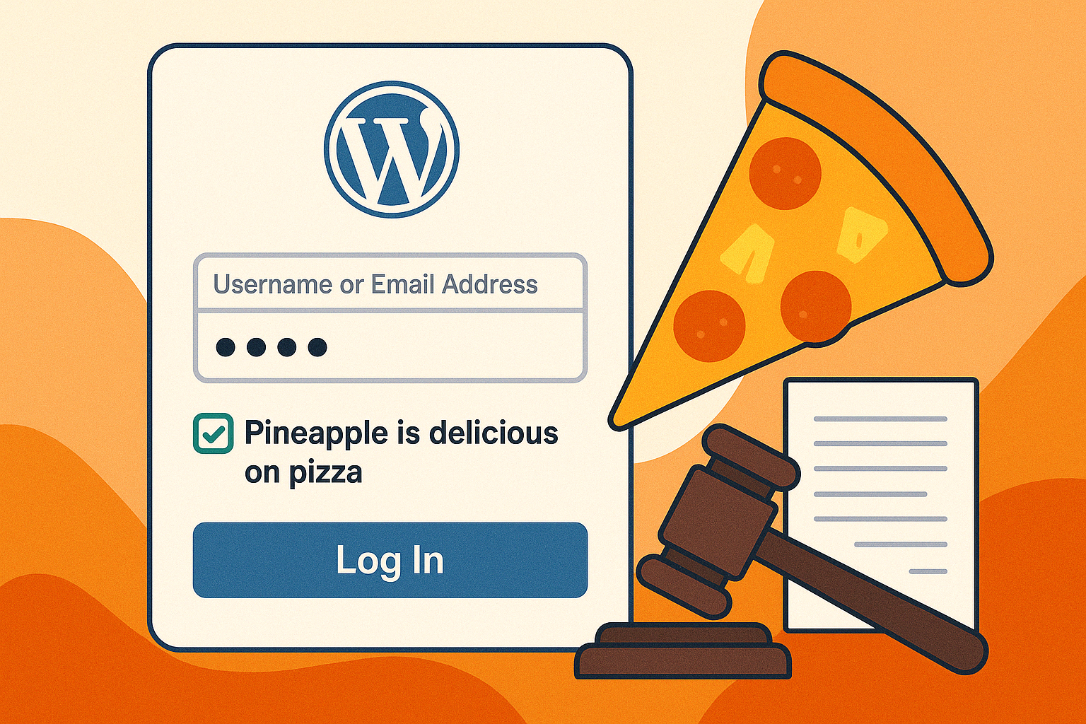 WordPress login screen featuring a humorous checkbox saying “Pineapple is delicious on pizza,” with a cartoon slice of pineapple pizza.