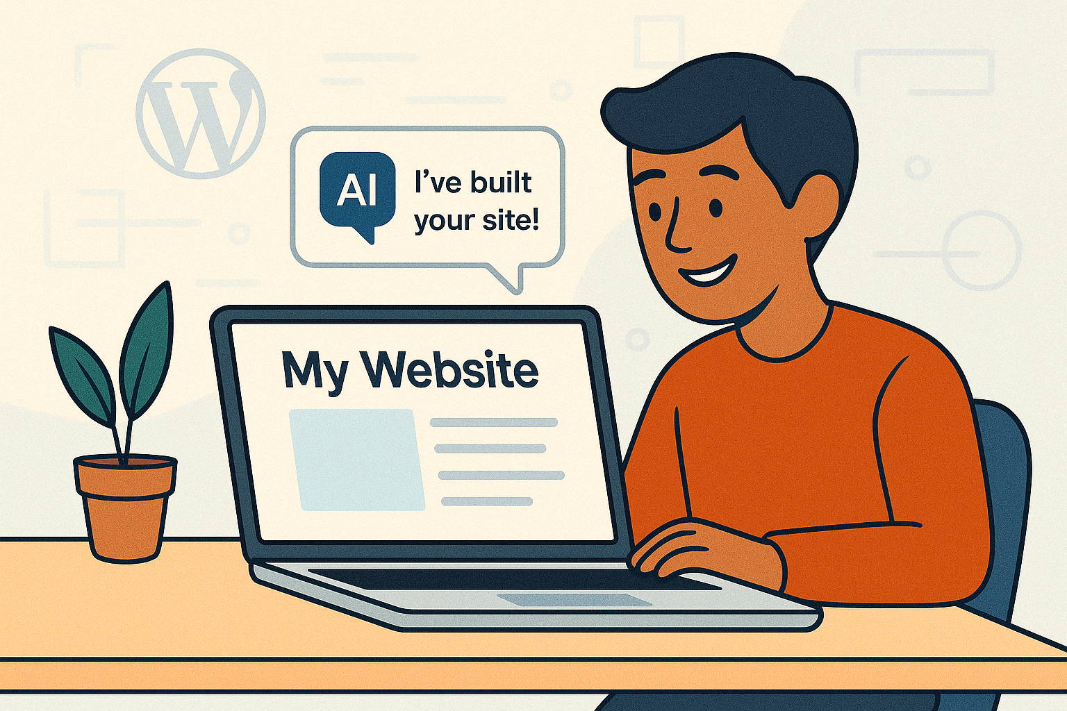 Person using WordPress.com AI website builder on a laptop, creating a new website through a chat interface, with modern workspace and WordPress branding.