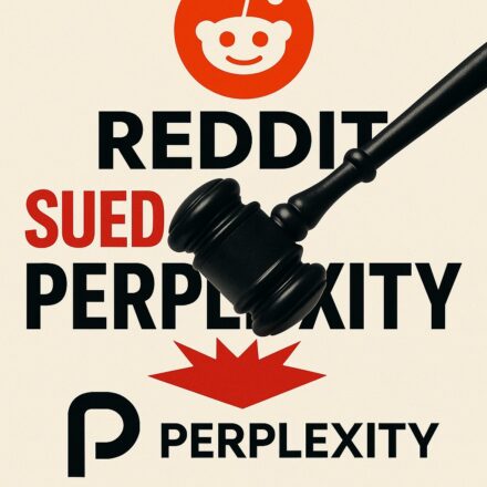 A black judge's gavel is positioned over text that reads "REDDIT SUED PERPLEXITY" with the Reddit logo above and the Perplexity logo below. The word "SUED" and a stylized red burst are highlighted in red, while the rest of the text is in black on a light background.